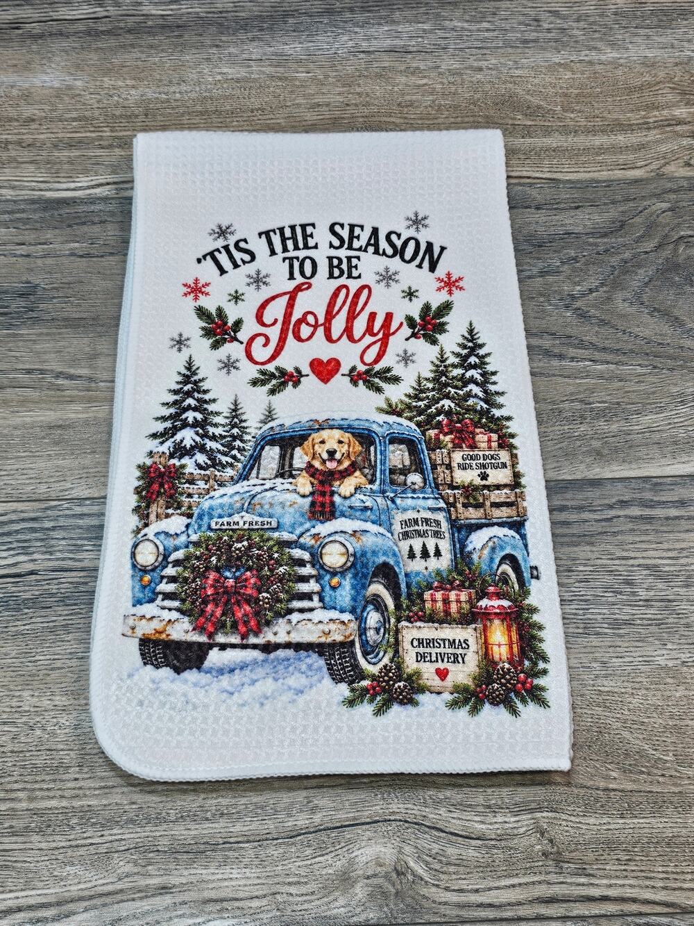 Tis the Season to Be Jolly Christmas Dog Kitchen Towel Blue Truck Holiday Decor
